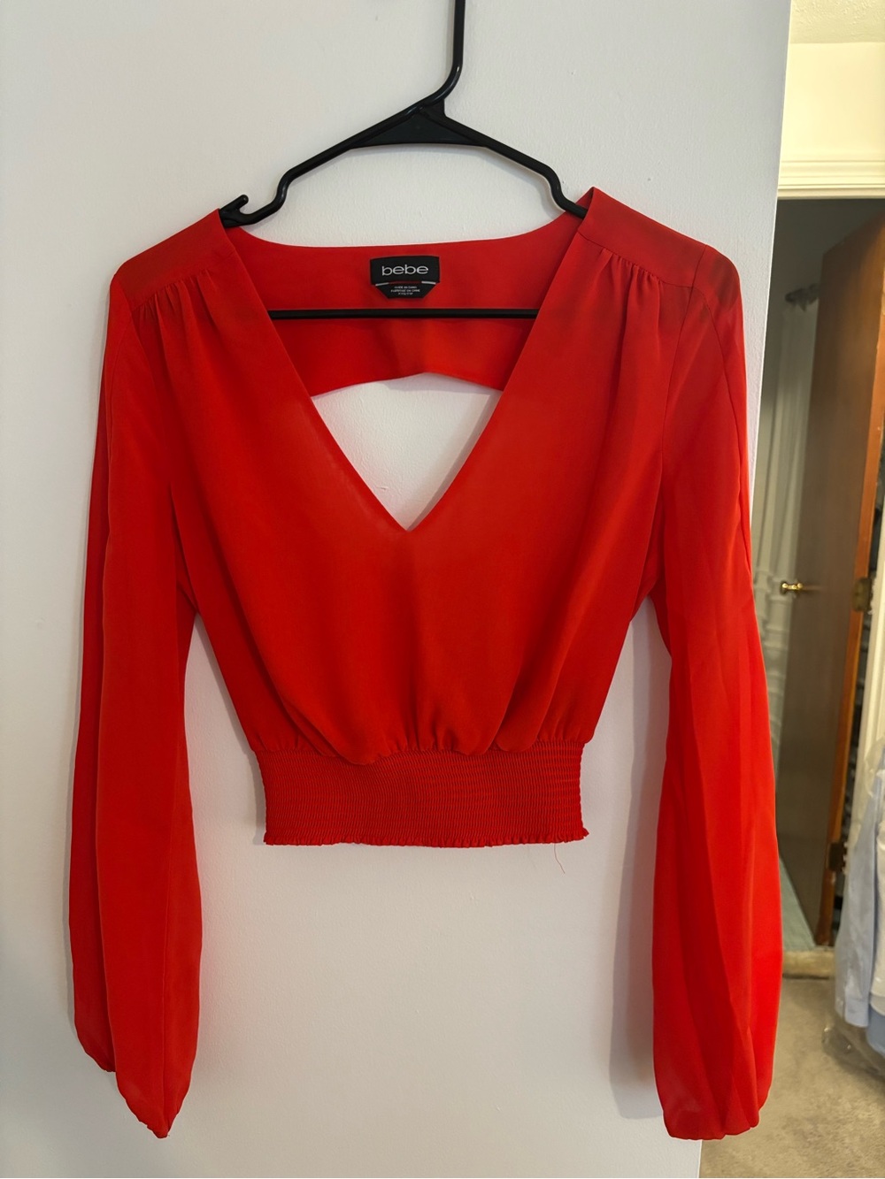 bebe V-Neck Smocked Waist Long Sleeve Crop Top